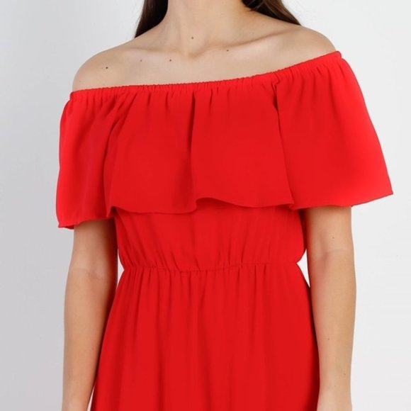Off Shoulder Ruffle Maxi Dress RED - Picture 3 of 5